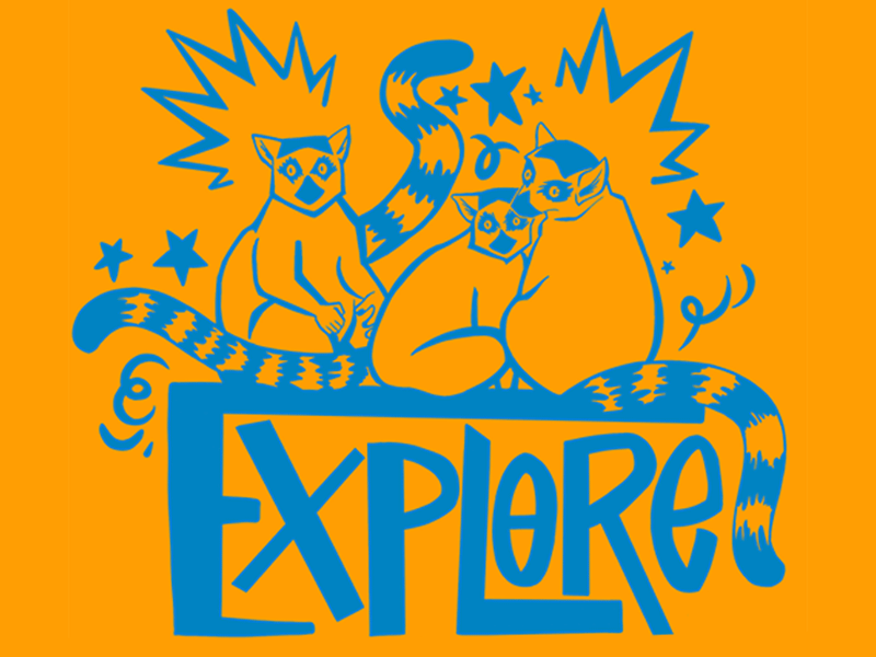 2 color line art of three ring-tailed lemurs sitting on top of the word “Explore"